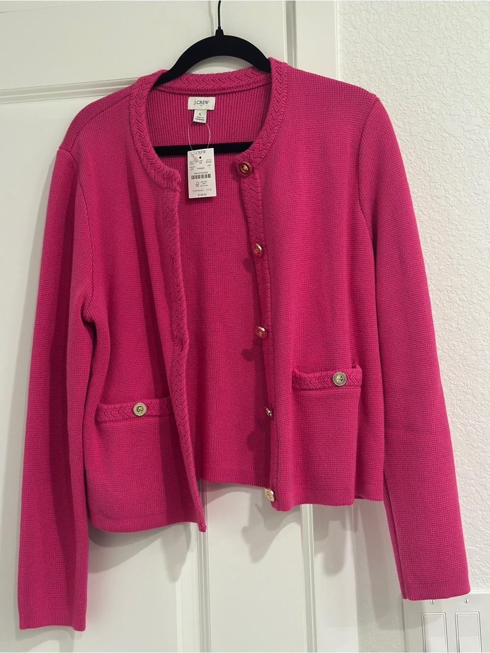 J.Crew Factory NWT Cotton Lady Jacket Cardigan Hot Pink Gold Buttons - L - Picture 5 of 5